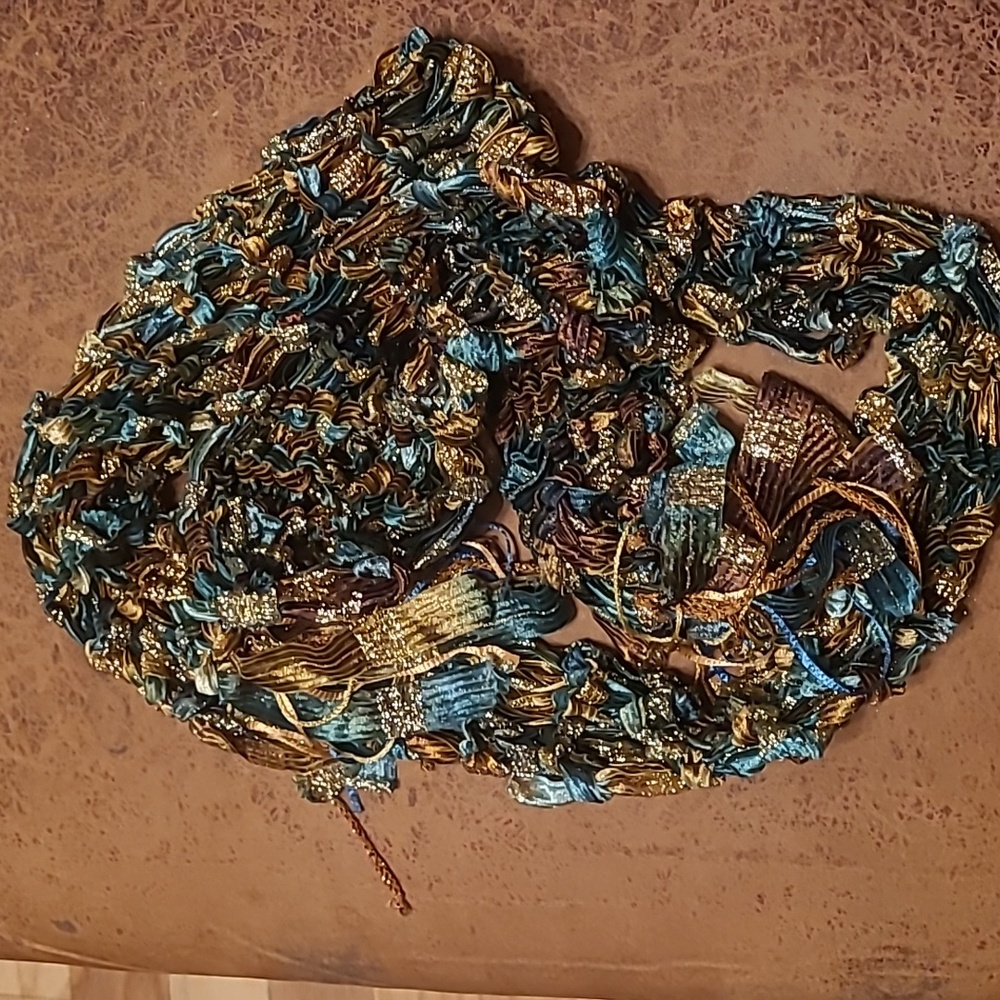 Green. Brown, Gold sparkle and beige handmade scarf